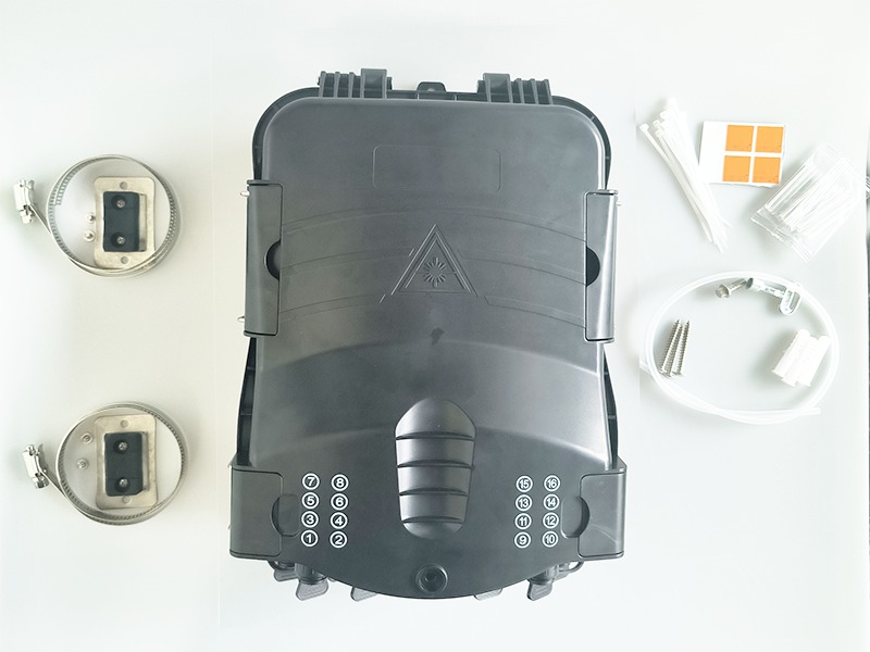 Fiber Access Terminal Package Contents including pole mount clamps, screws, and zip ties