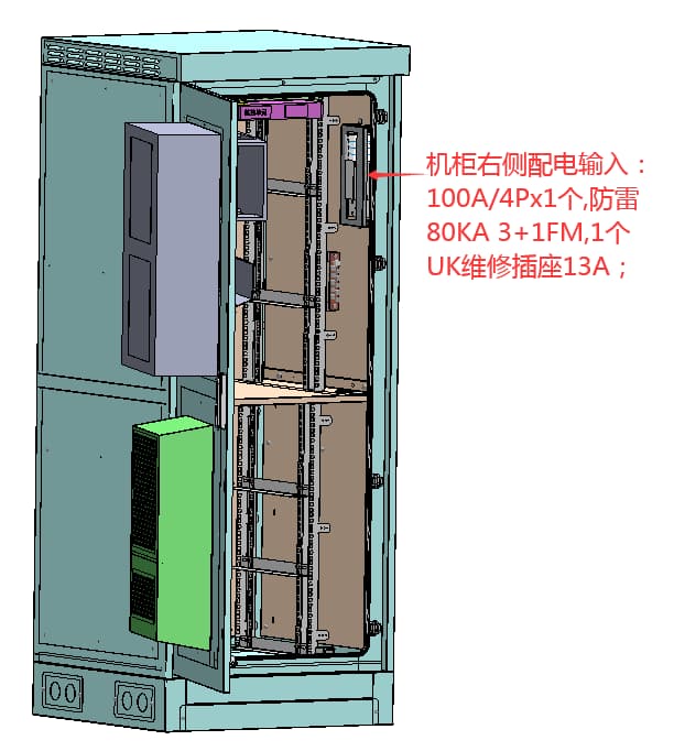 Technical specifications for cabinet right-side power distribution input, including a 100A/4P breaker, an 80KA 3+1FM surge protective device, and a 13A UK maintenance socket.