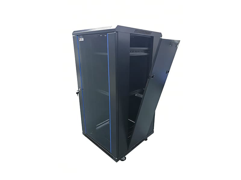 Black freestanding telecom cabinet with open side panel