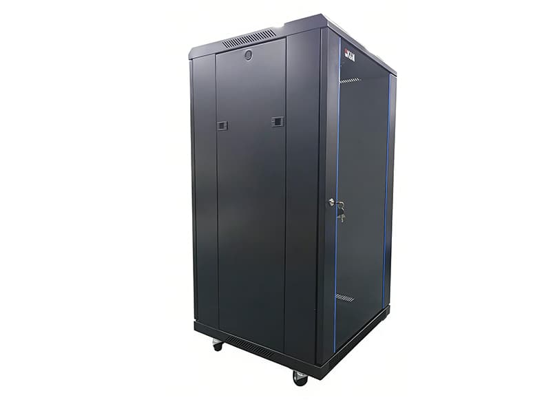 Rear angle view of 19 inch freestanding server rack cabine